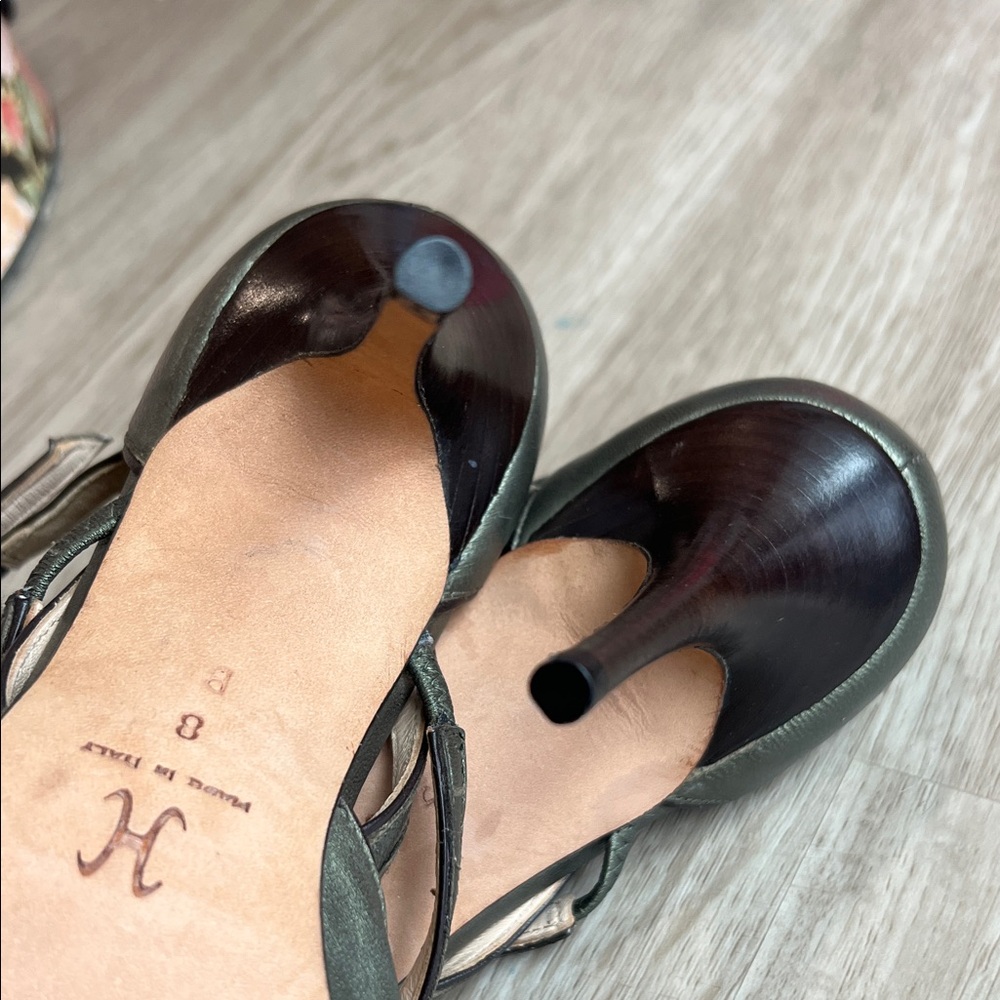 Cole Haan Collection Pointed Toe Strappy Pumps in Metallic Olive Green Leather - Picture 6 of 16